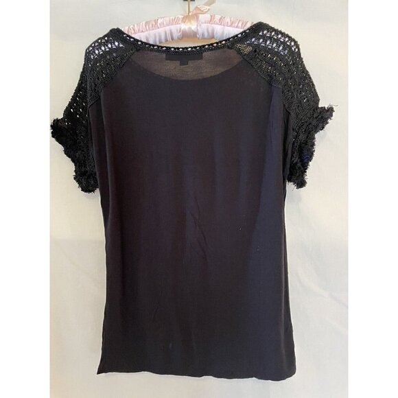 Loft Black Pullover Soft Top Short Sleeve Crochet & Fringe Size Small Boho Hippy - Picture 5 of 6